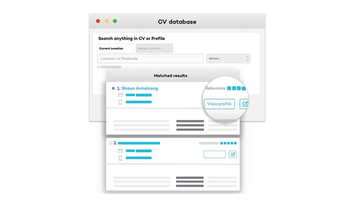 A screenshot of CWJobs' CV database